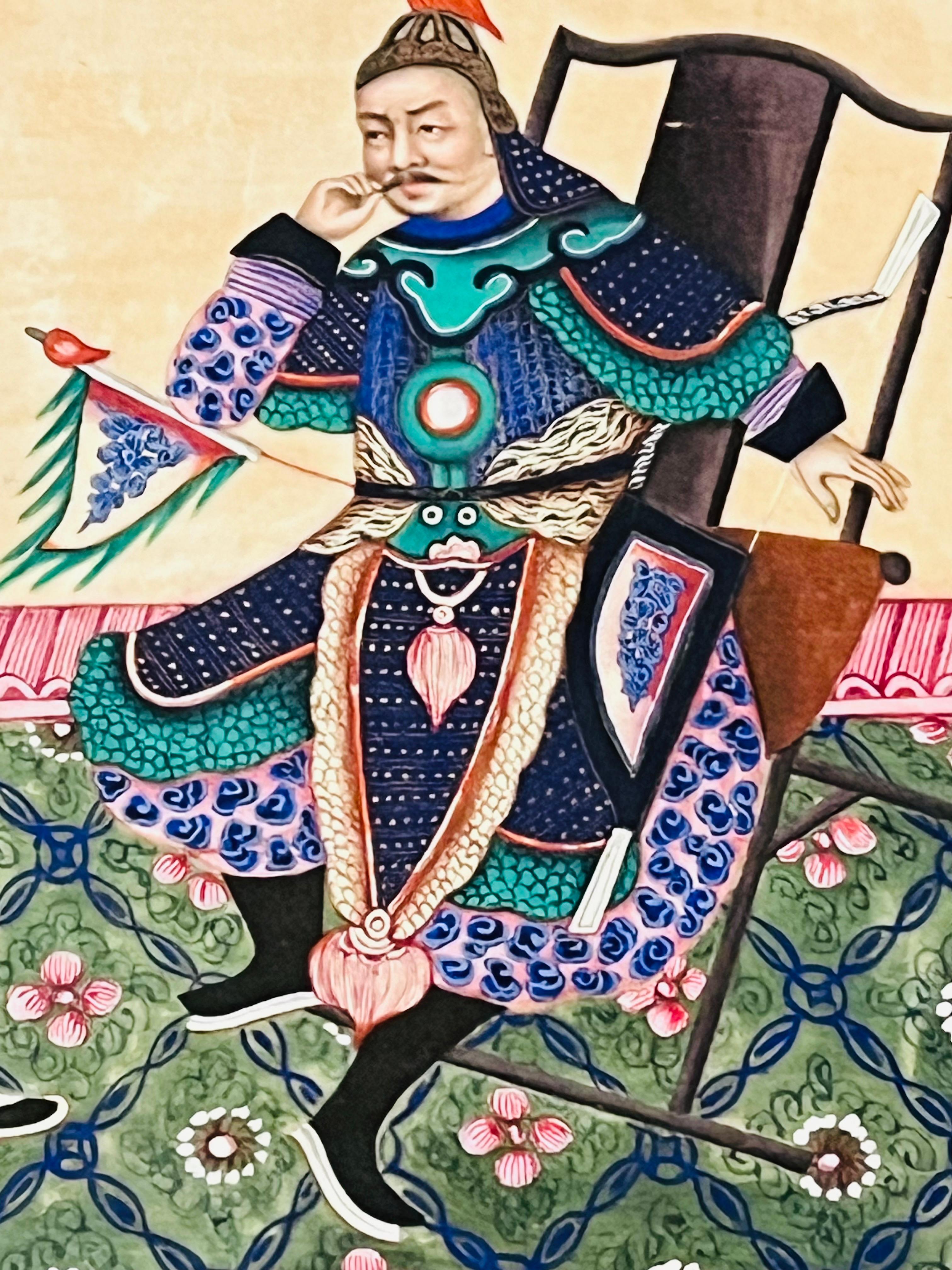 Peinture sur papier de riz d'exportation chinoise du 19e siècle représentant un guerrier dans un miroir suspendu en vente 1