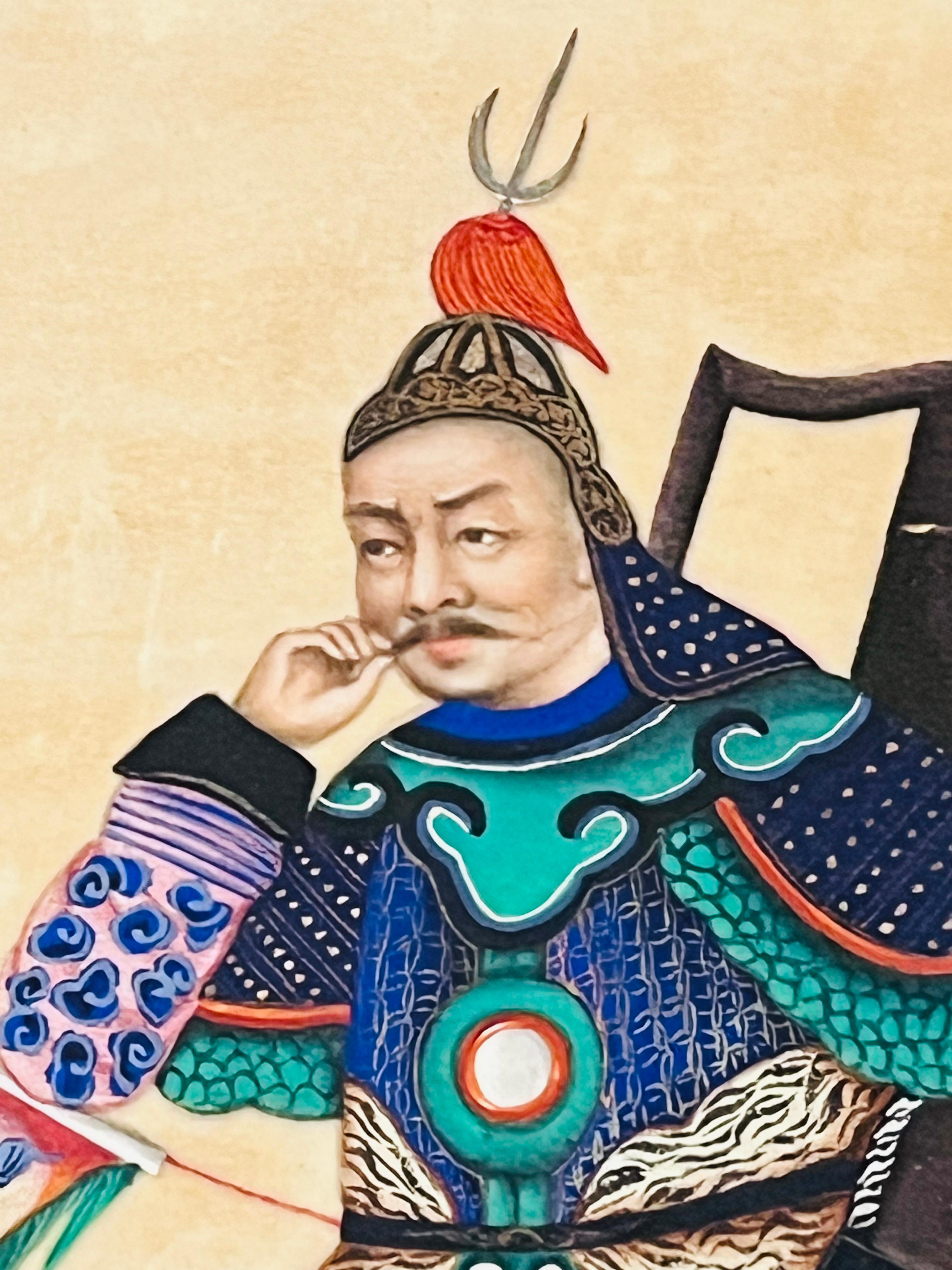 Peinture sur papier de riz d'exportation chinoise du 19e siècle représentant un guerrier dans un miroir suspendu en vente 2