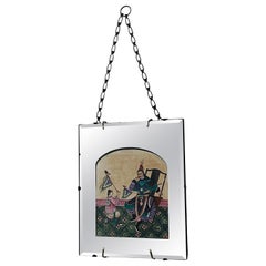 19th Century Chinese Export Pith Rice Paper Painting Warrior In Hanging Mirror