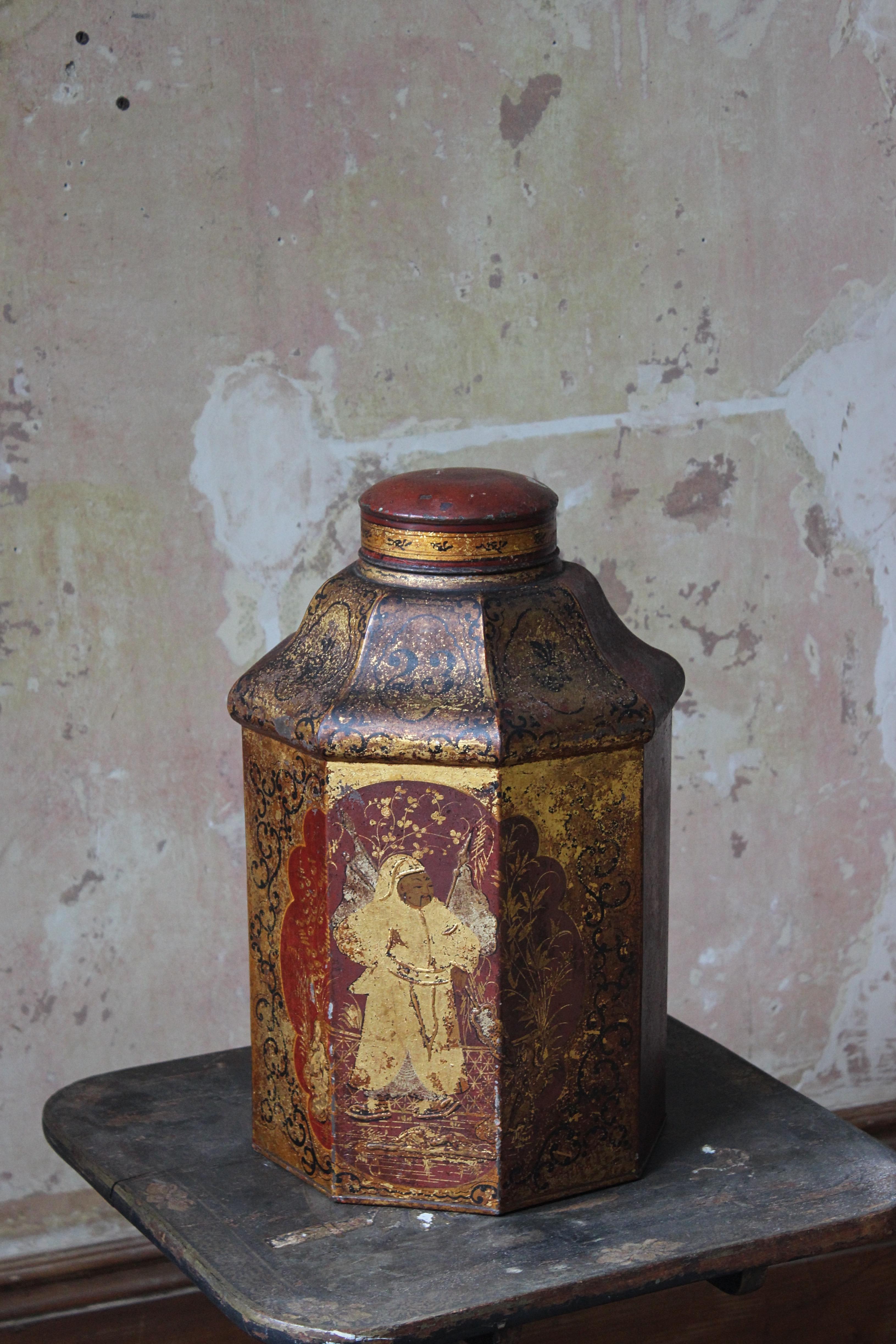 19th Century Chinese Export Red Painted & Gilt Tôle Tea Canister Chinoiserie 9