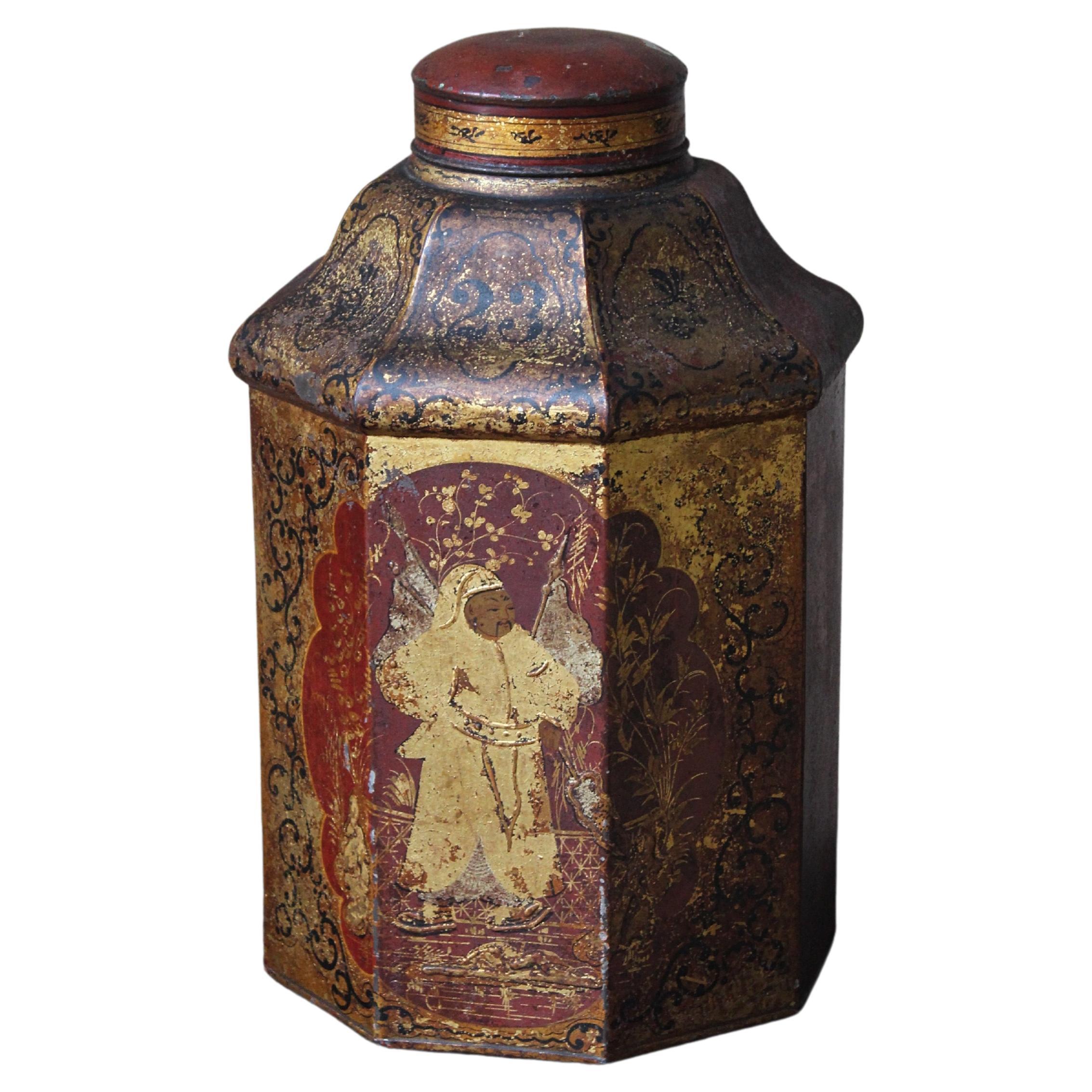 19th Century Chinese Export Red Painted & Gilt Tôle Tea Canister Chinoiserie