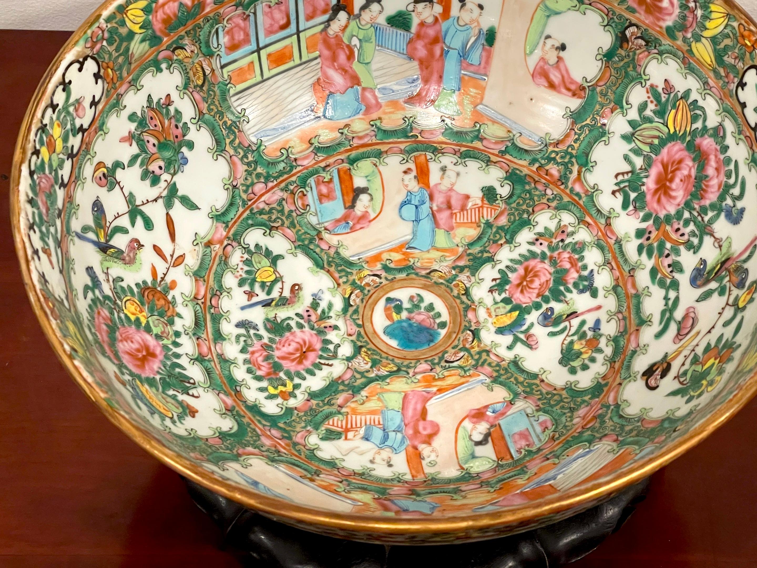 Enameled 19th Century Chinese Export Rose Medallion Bowl & Hardwood Stand For Sale