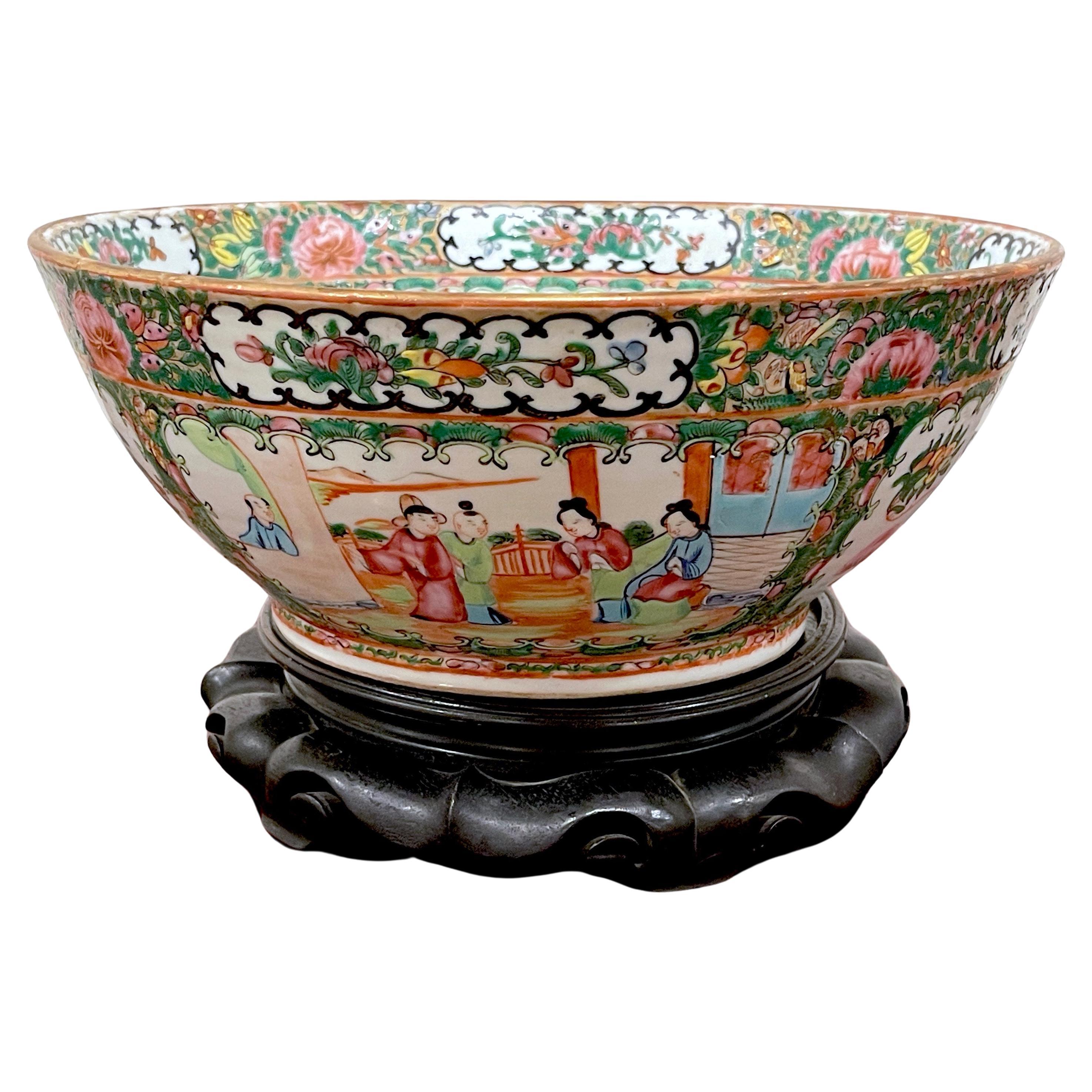 19th Century Chinese Export Rose Medallion Bowl & Hardwood Stand For Sale