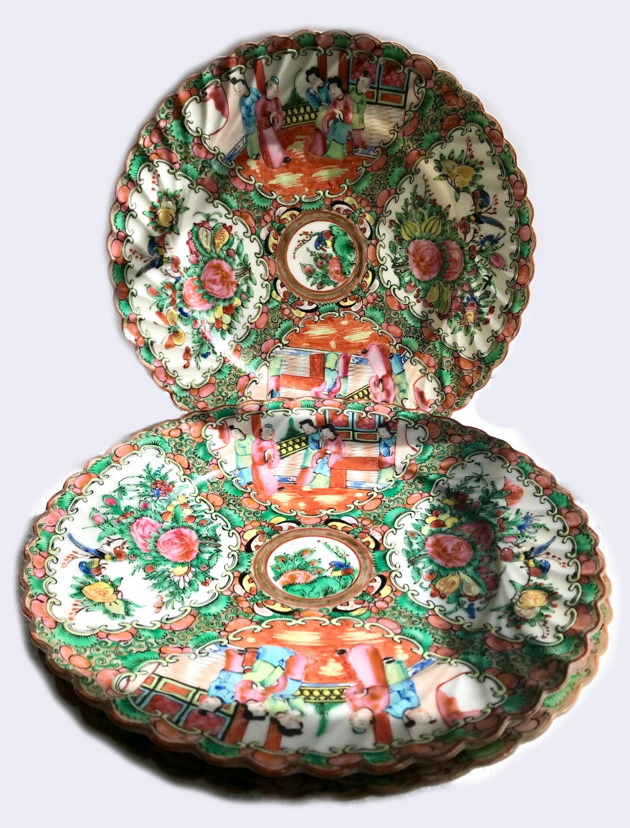 19th century Chinese export rose medallion 3 dinner plates

These beautiful hand enameled plates have the rose medallion canton design with birds, peonies, butterflies, and Mandarin people. The plates are decoratively broken into 4 sections that