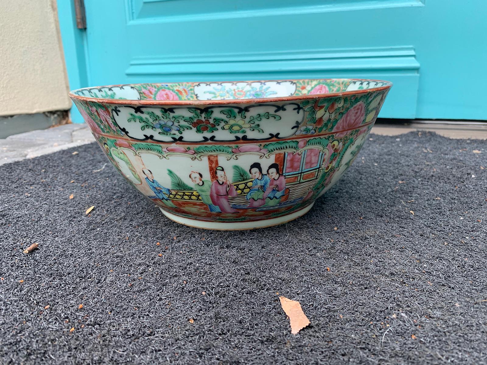 19th Century Chinese Export Rose Medallion Enameled Porcelain Punch Bowl In Good Condition In Atlanta, GA