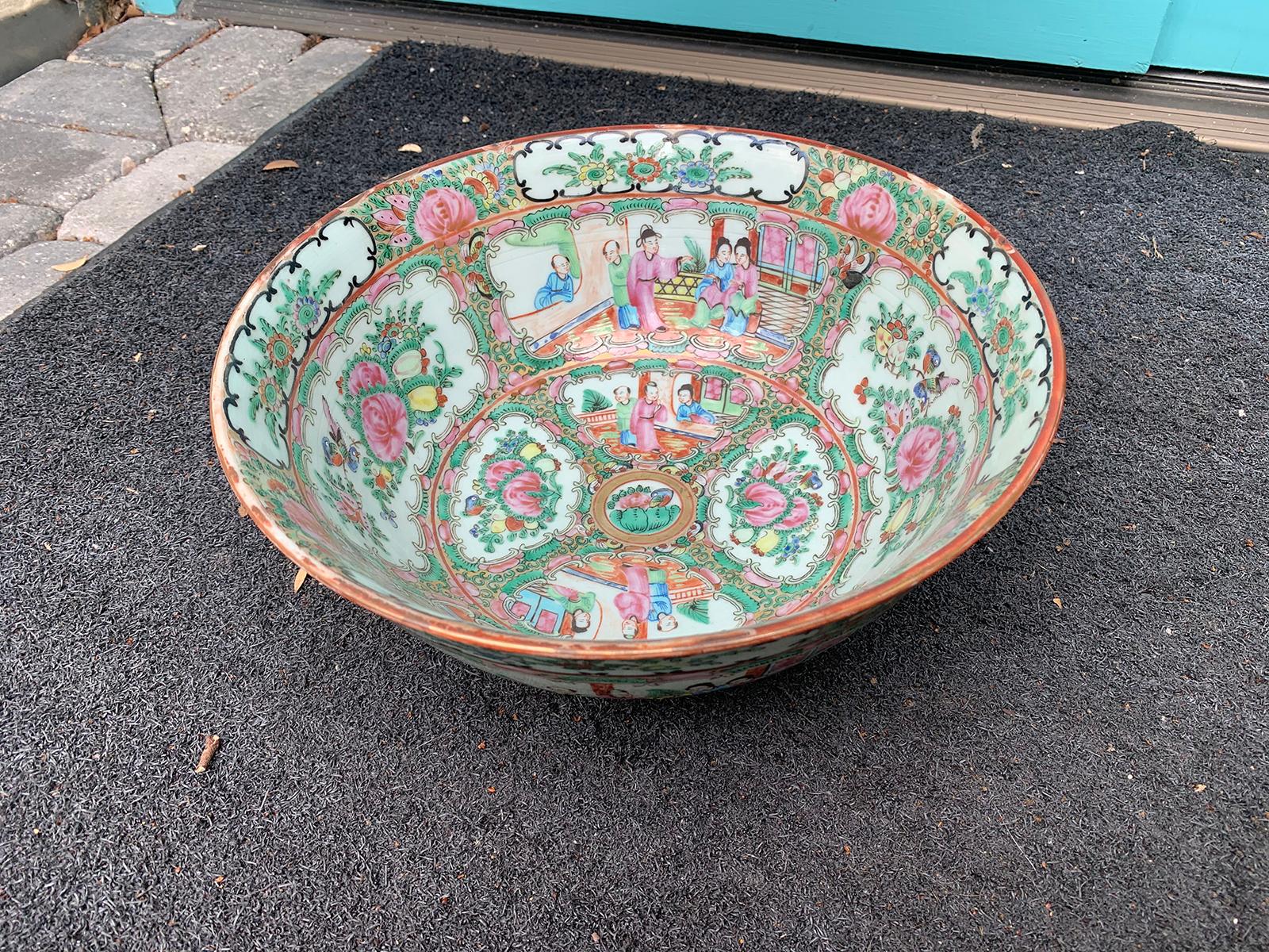 19th Century Chinese Export Rose Medallion Enameled Porcelain Punch Bowl 1