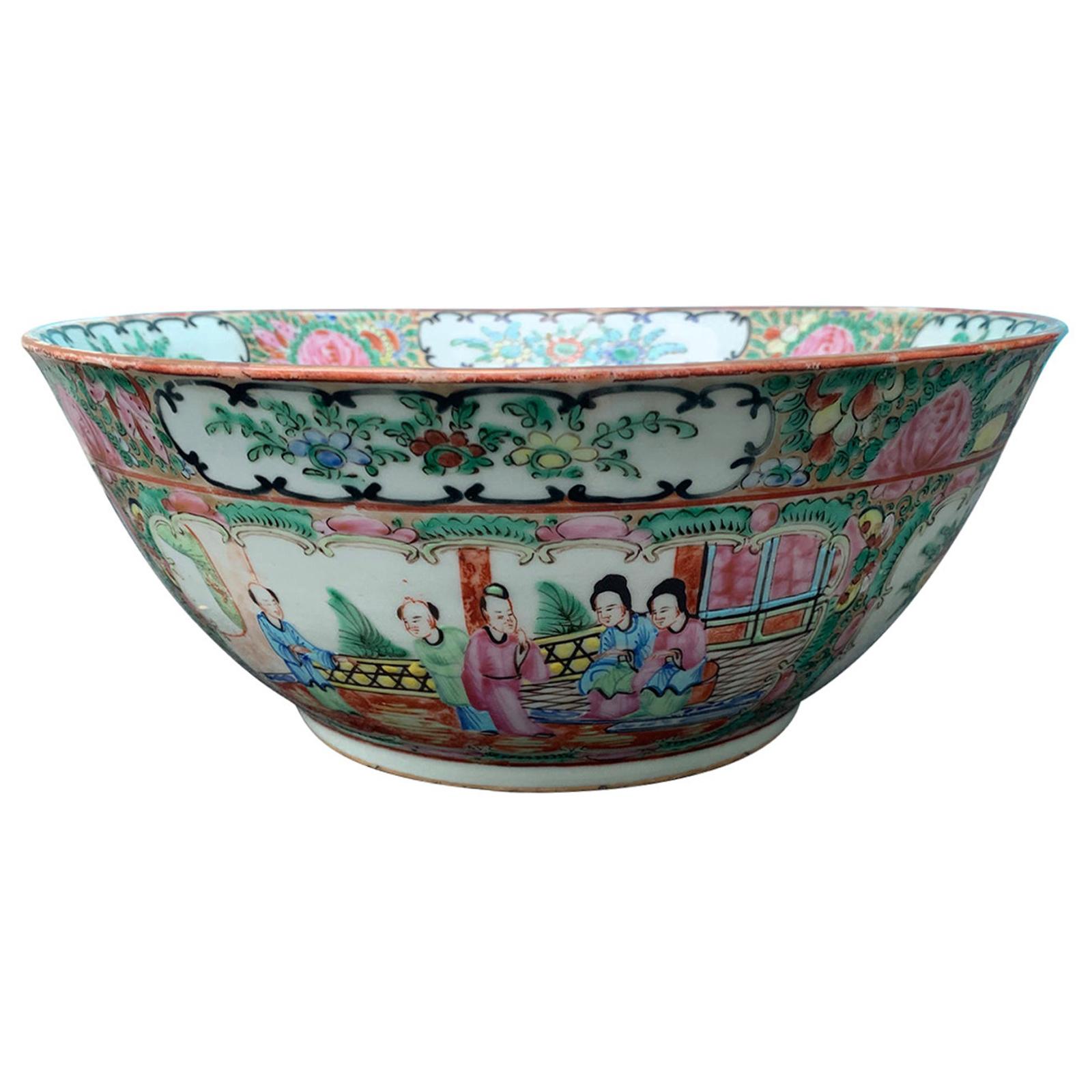 19th Century Chinese Export Rose Medallion Enameled Porcelain Punch Bowl