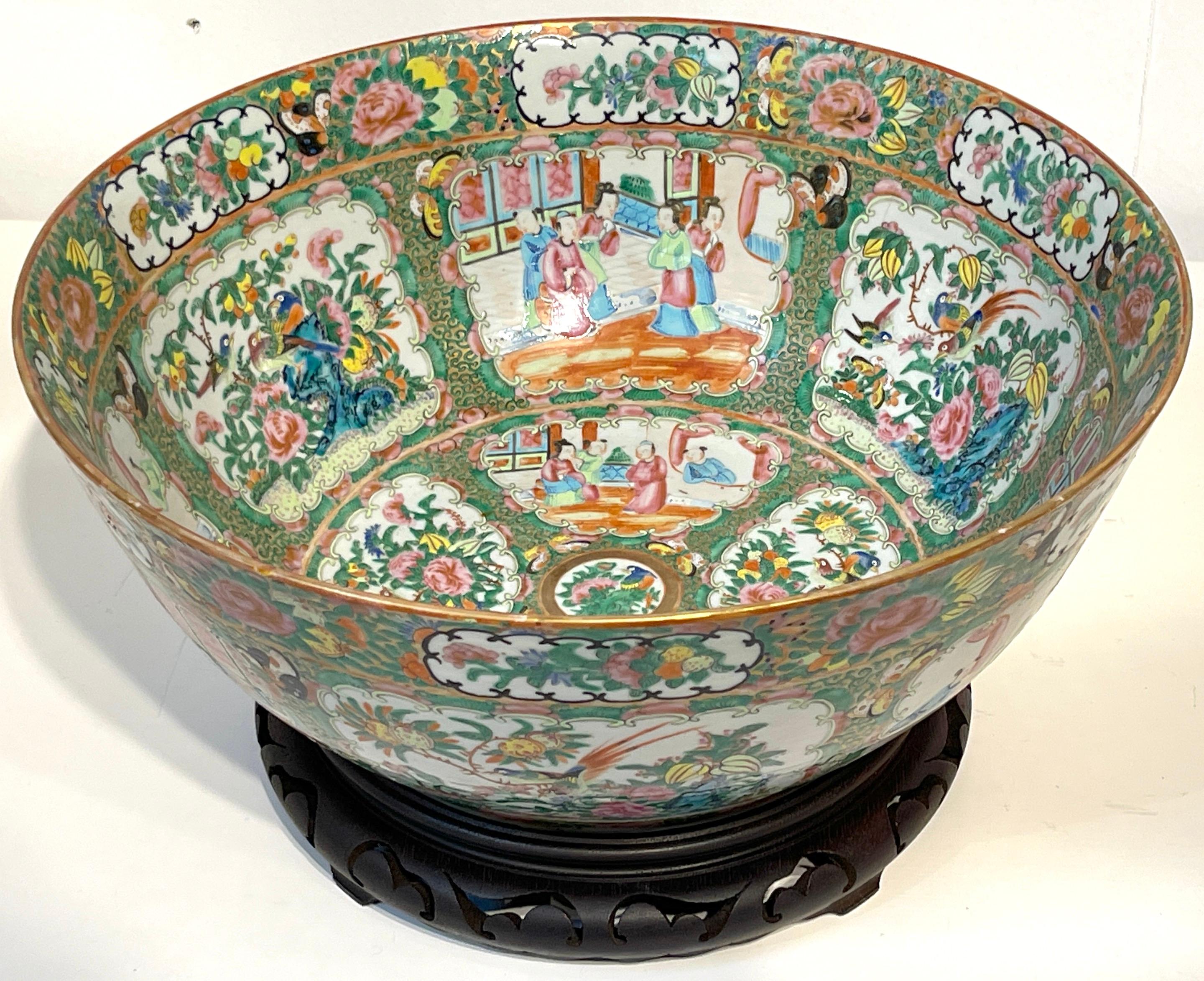 19th Century Chinese Export Rose Medallion Punch Bowl, with Stand 7