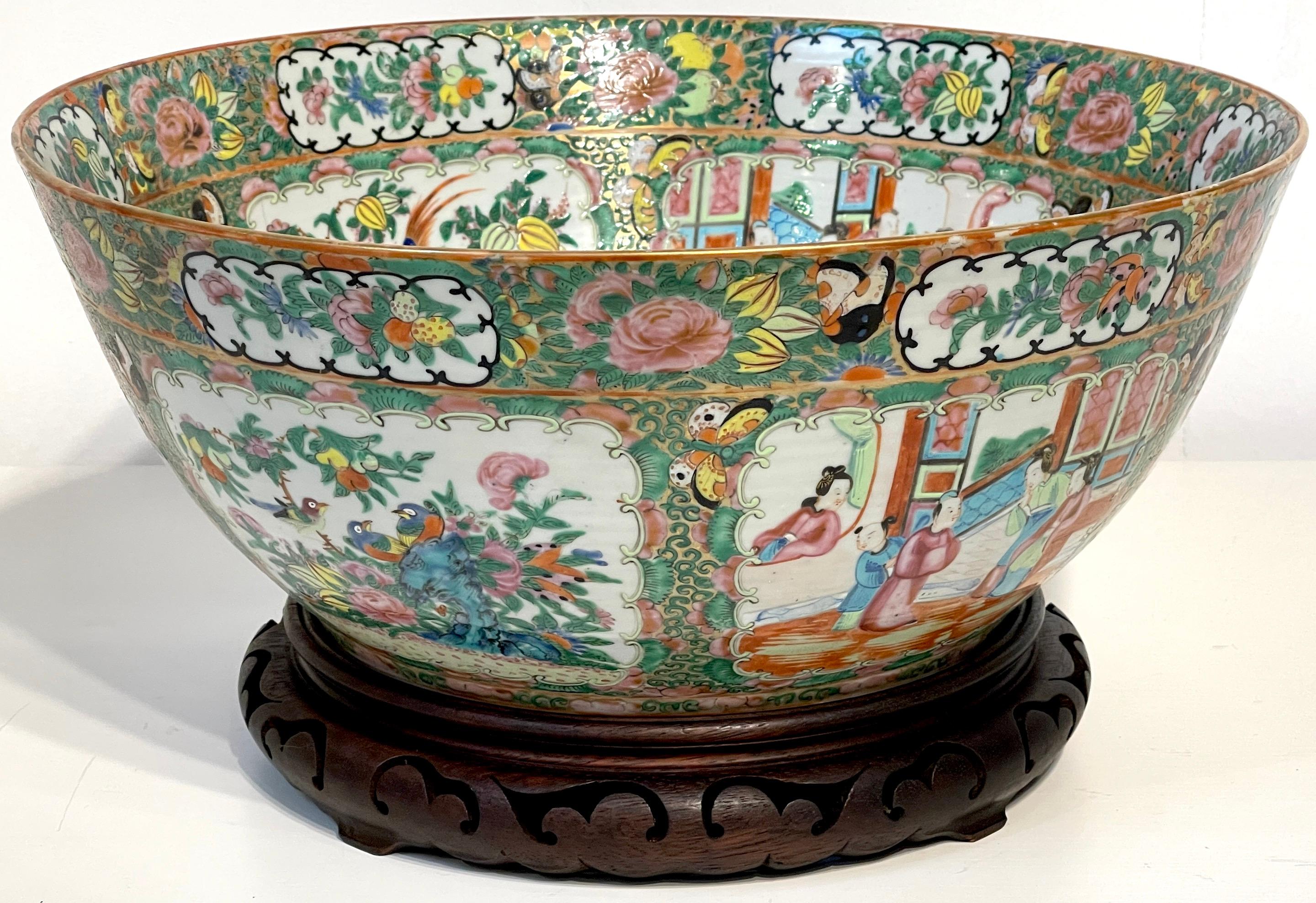 19th Century Chinese Export Rose Medallion Punch Bowl, with Stand 8