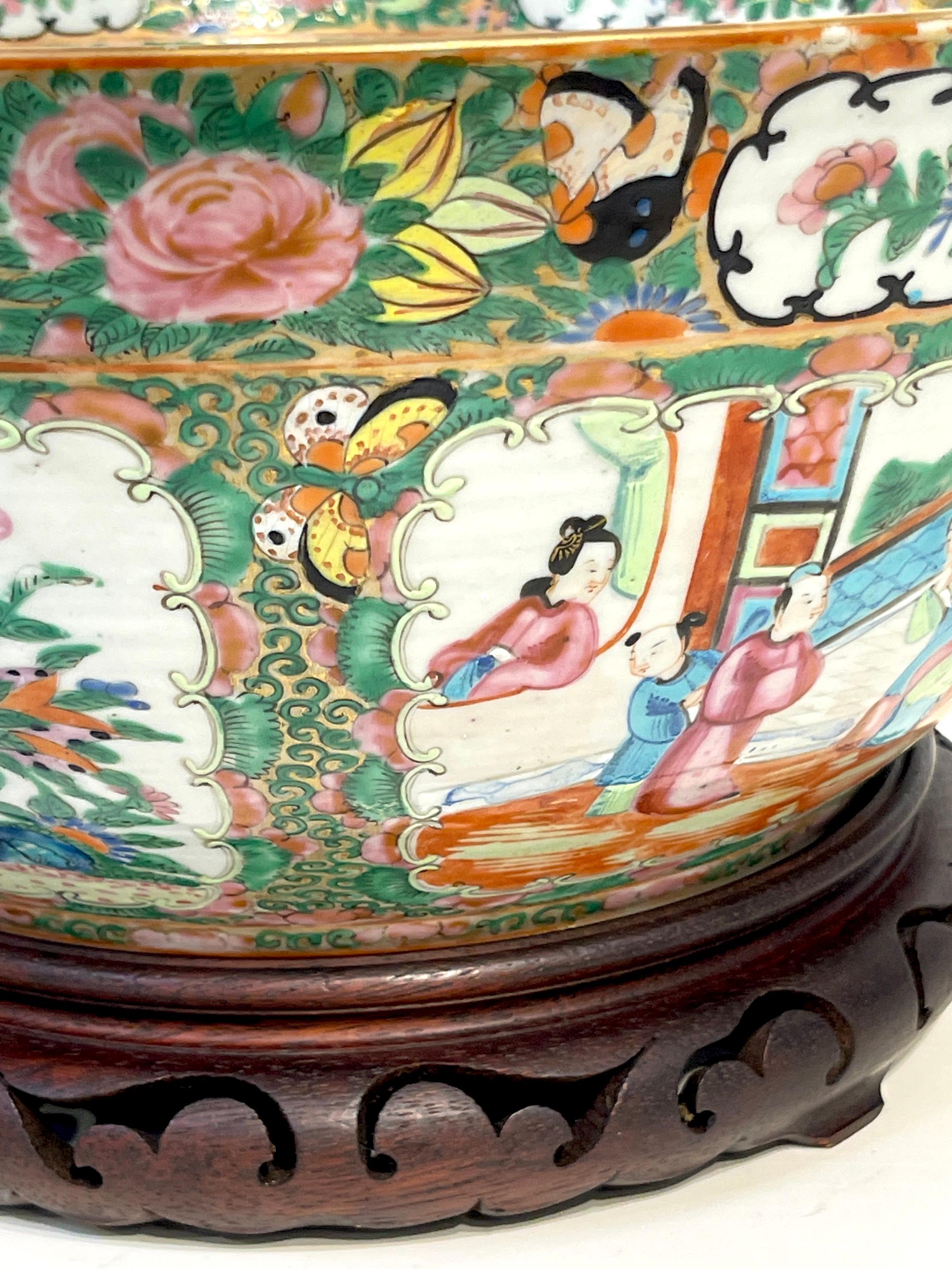 19th Century Chinese Export Rose Medallion Punch Bowl, with Stand 9
