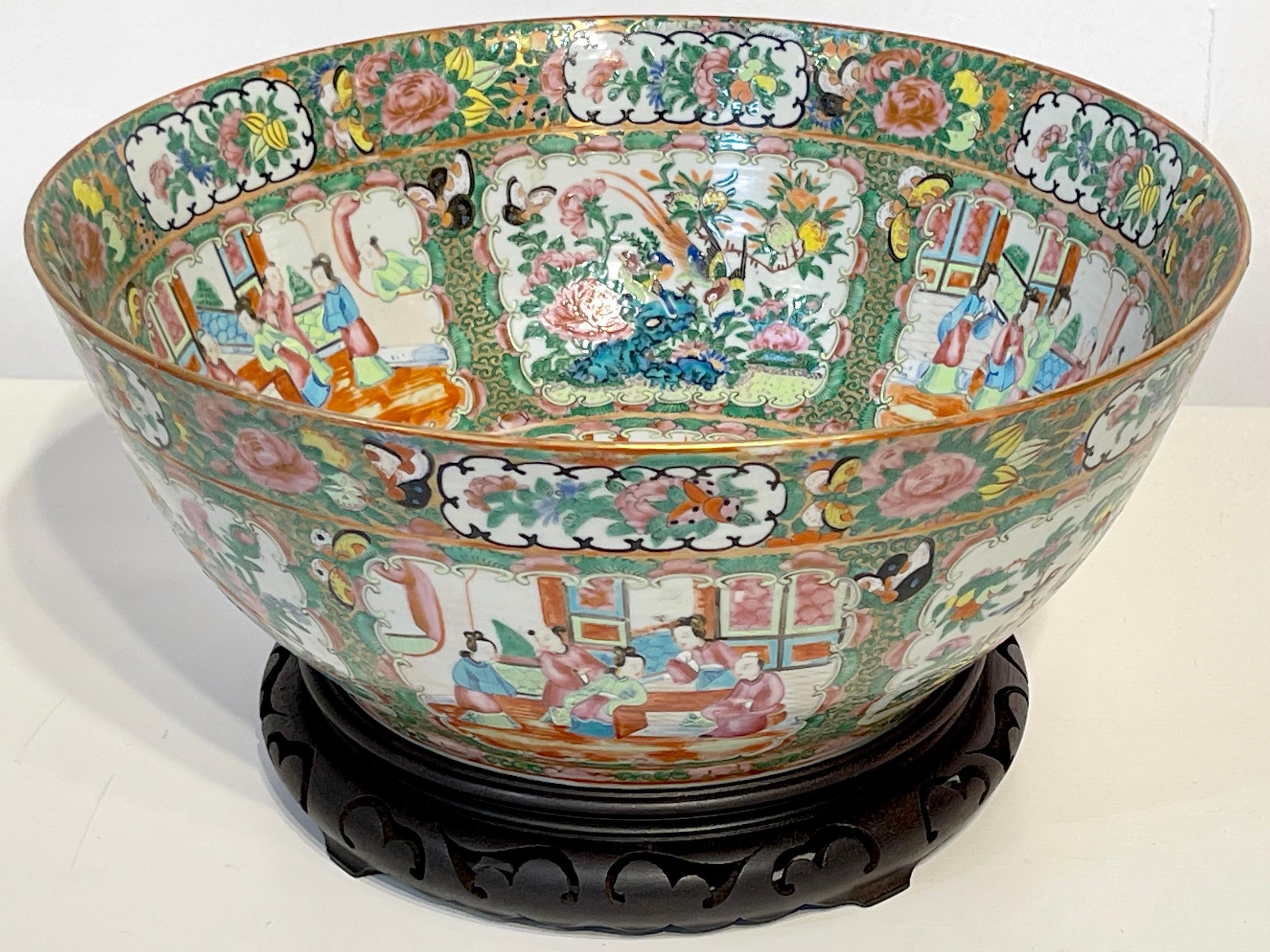 Carved 19th Century Chinese Export Rose Medallion Punch Bowl, with Stand