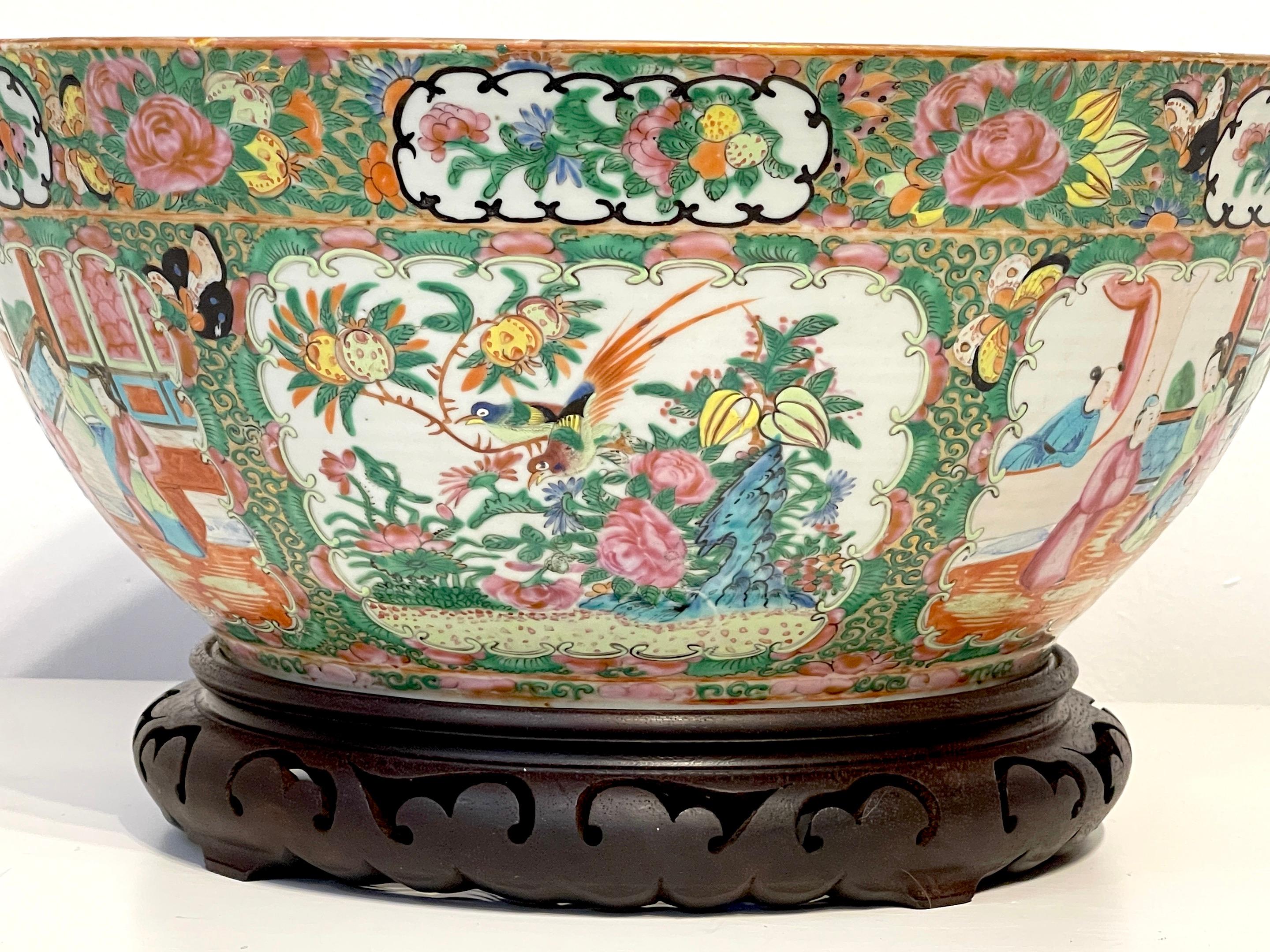 19th Century Chinese Export Rose Medallion Punch Bowl, with Stand 1