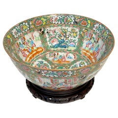 19th Century Chinese Export Rose Medallion Punch Bowl, with Stand
