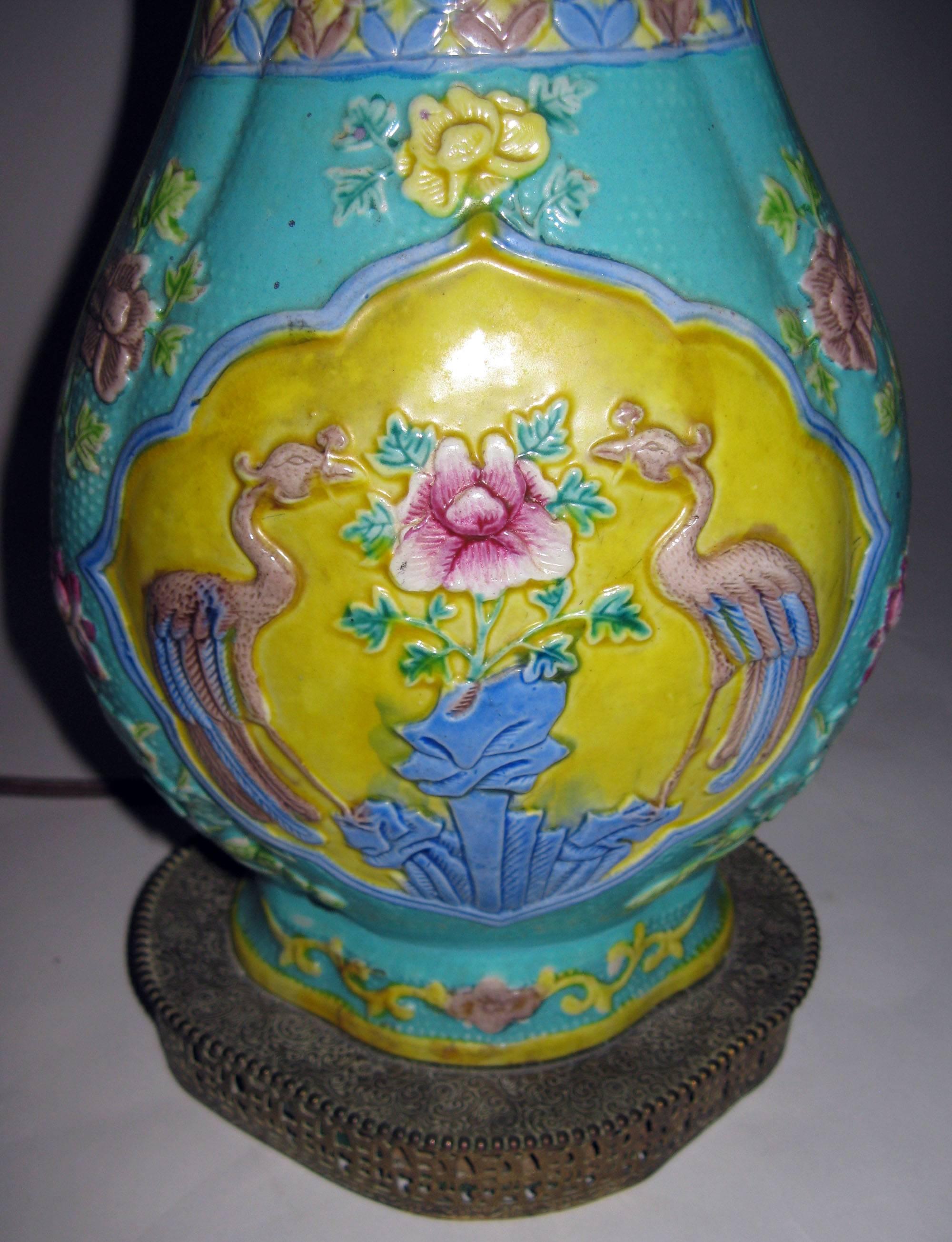 Lampe de bureau d'exportation chinoise du XIXe siècle avec vase en forme de grue royale en vente 1