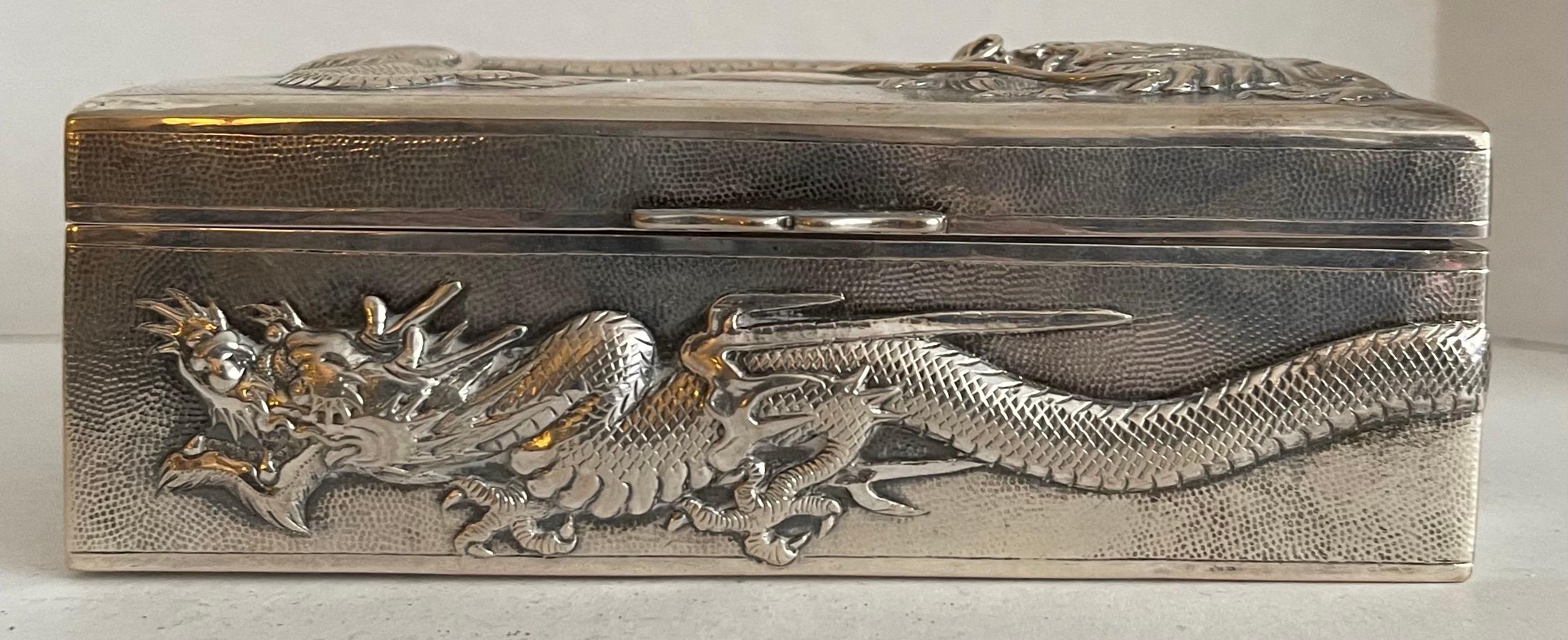 Repoussé 19th Century Chinese Export Silver Dragon Cigar Box For Sale