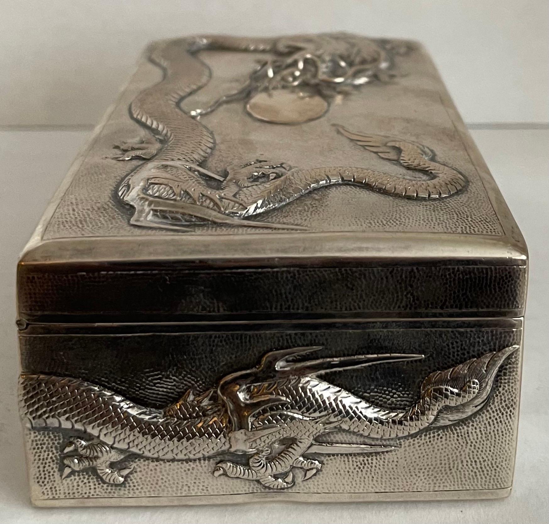 19th Century Chinese Export Silver Dragon Cigar Box For Sale 1
