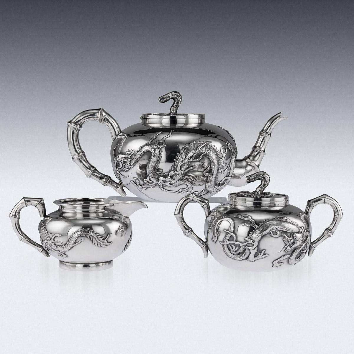 19th Century Chinese Export Silver Dragon Tea Set by Wang Hing, circa 1890 In Good Condition In Royal Tunbridge Wells, Kent