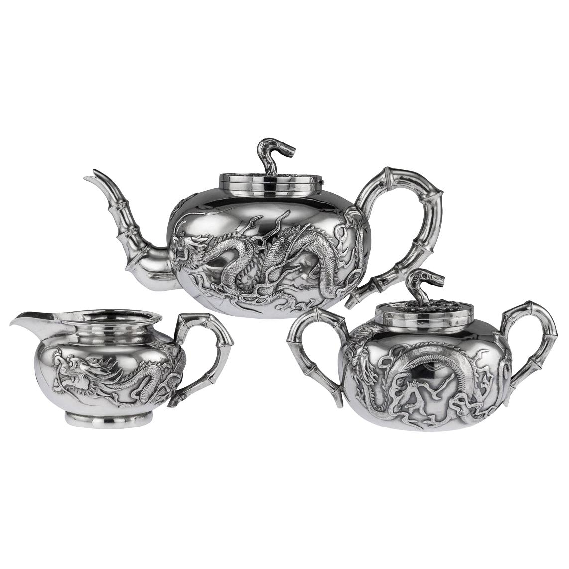19th Century Chinese Export Silver Dragon Tea Set by Wang Hing, circa 1890