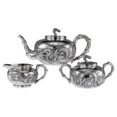 Antique 19th Century Chinese Export Silver Dragon Tea Set by Wang Hing, circa 1890