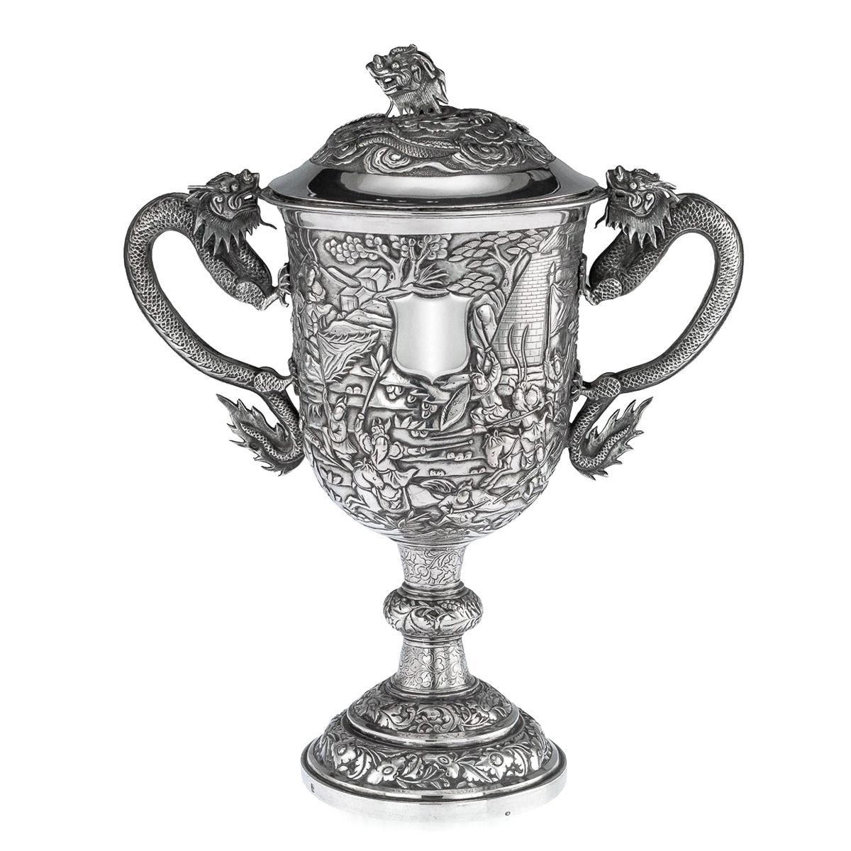 19th Century Chinese Export Silver Two-Handle Cup & Cover, Lee Ching, circa 1860