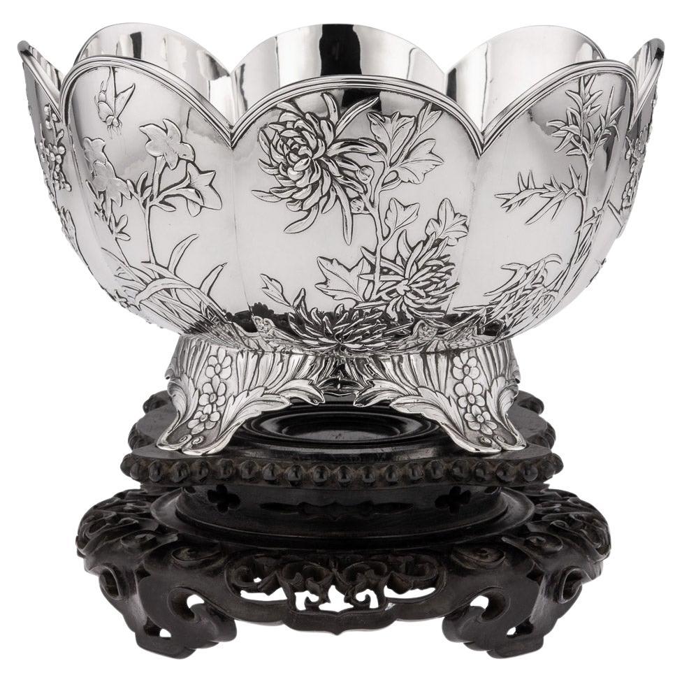 19th Century Chinese Export Solid Silver Bowl on Stand, Wang Hing, c.1890