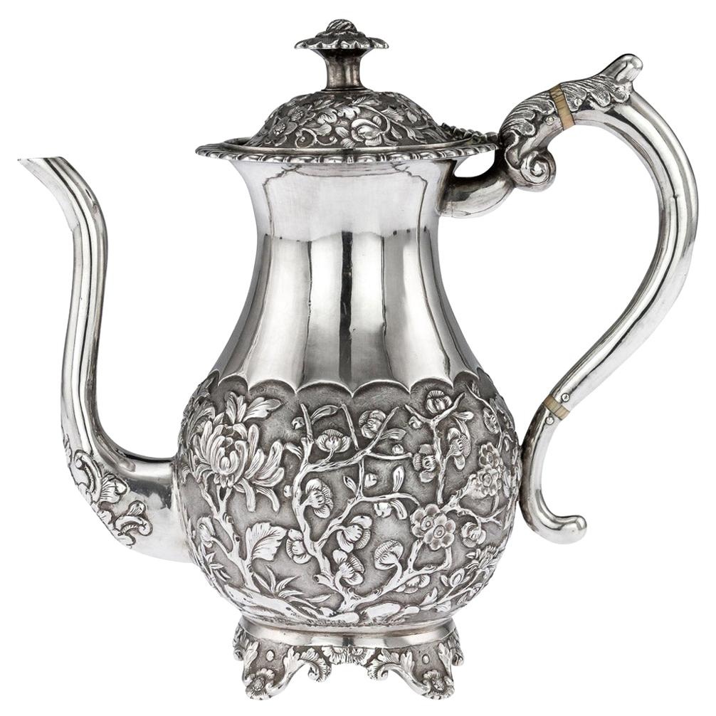 19thc Chinese Export Solid Silver Coffee Pot, Khe Cheong C.1860