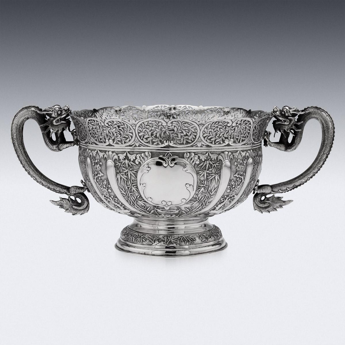 19th Century Chinese Export Solid Silver Dragon Bowl, Luen Wo, c.1890 In Good Condition In Royal Tunbridge Wells, Kent