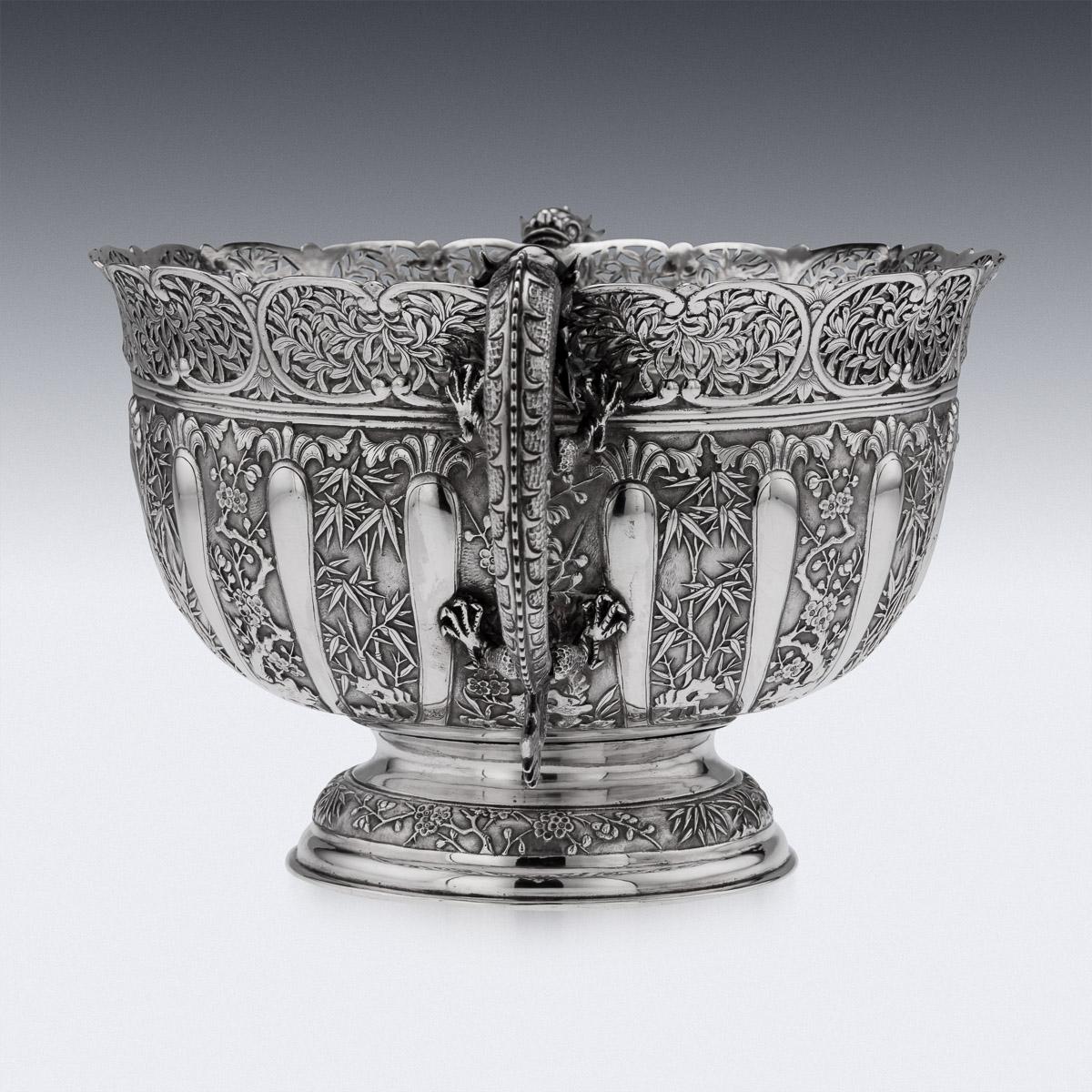 19th Century Chinese Export Solid Silver Dragon Bowl, Luen Wo, c.1890 1