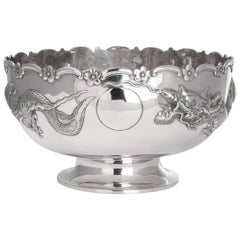 19th Century Chinese Export Solid Silver Dragon Bowl, Tuck Chang, c.1880