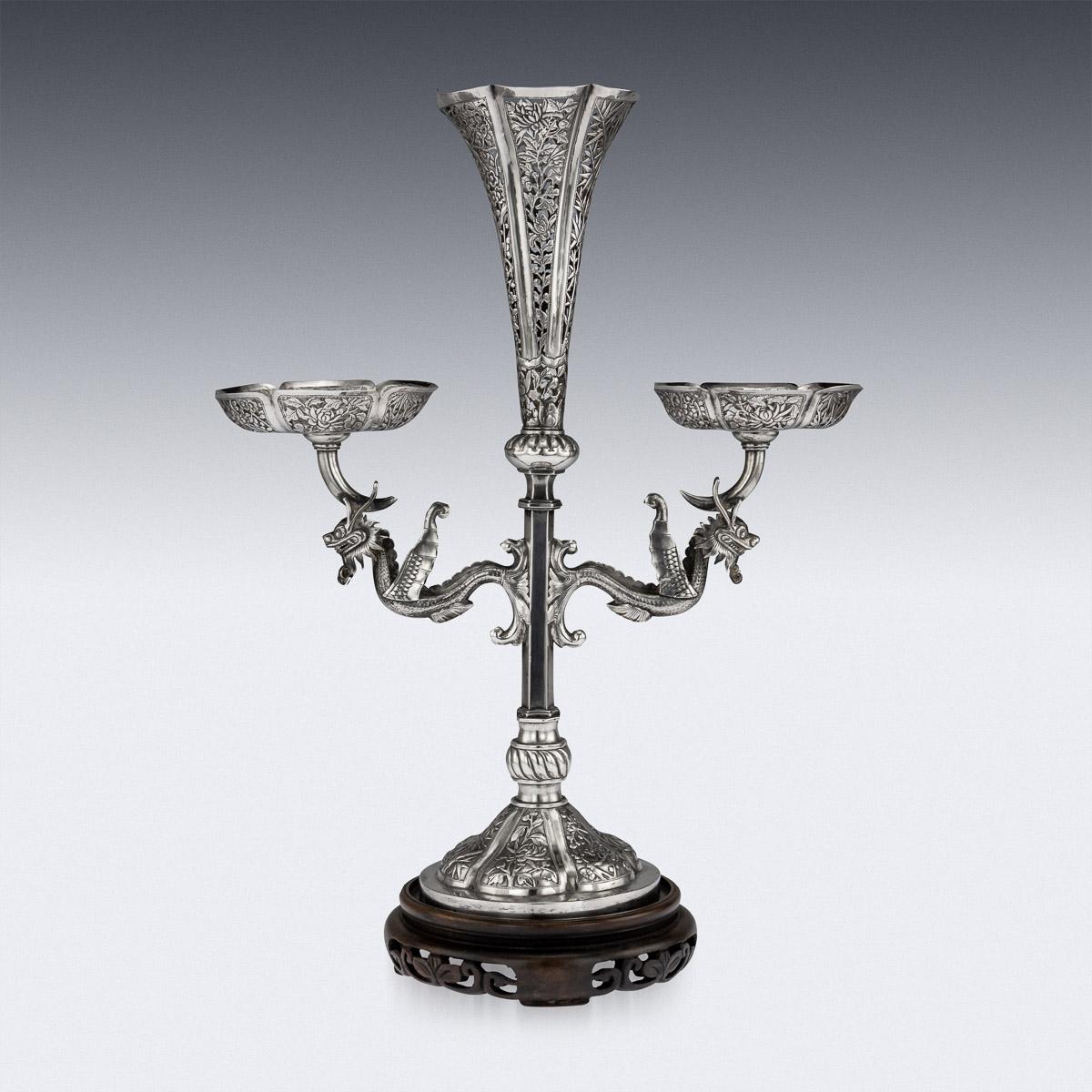 19th Century Chinese Export Solid Silver Dragon Epergne, Hung Chong & Co c 1890 For Sale 1