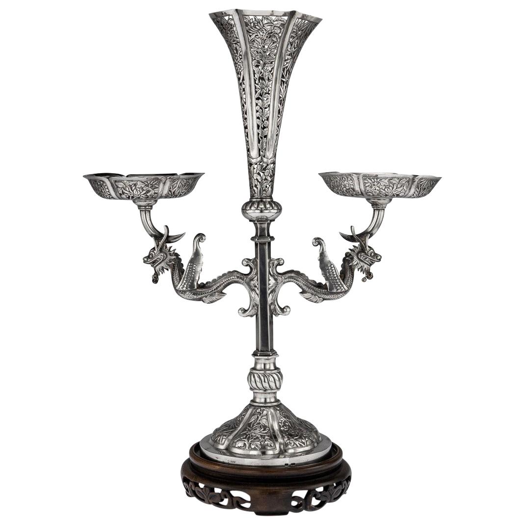 19th Century Chinese Export Solid Silver Dragon Epergne, Hung Chong & Co c 1890 For Sale