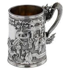 Antique 19th Century Chinese Export Solid Silver Dragon Mug, Luen Wo, circa 1890