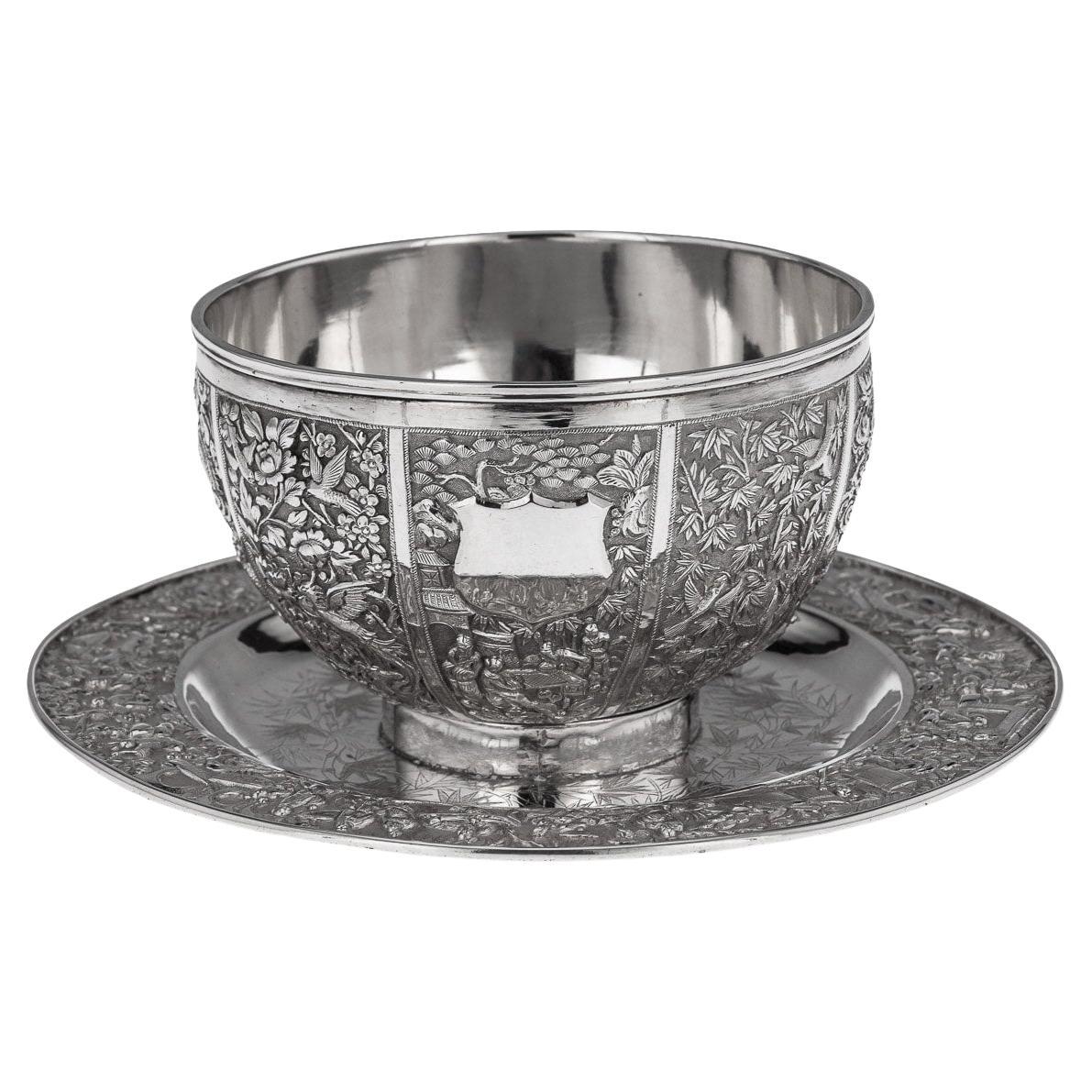 19th Century Chinese Export Solid Silver Finger Bowl & Plate, Wang Hing, c. 1880 For Sale