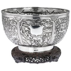 Antique 19th Century Chinese Export Solid Silver Fruit Bowl, Wang Hing, circa 1880