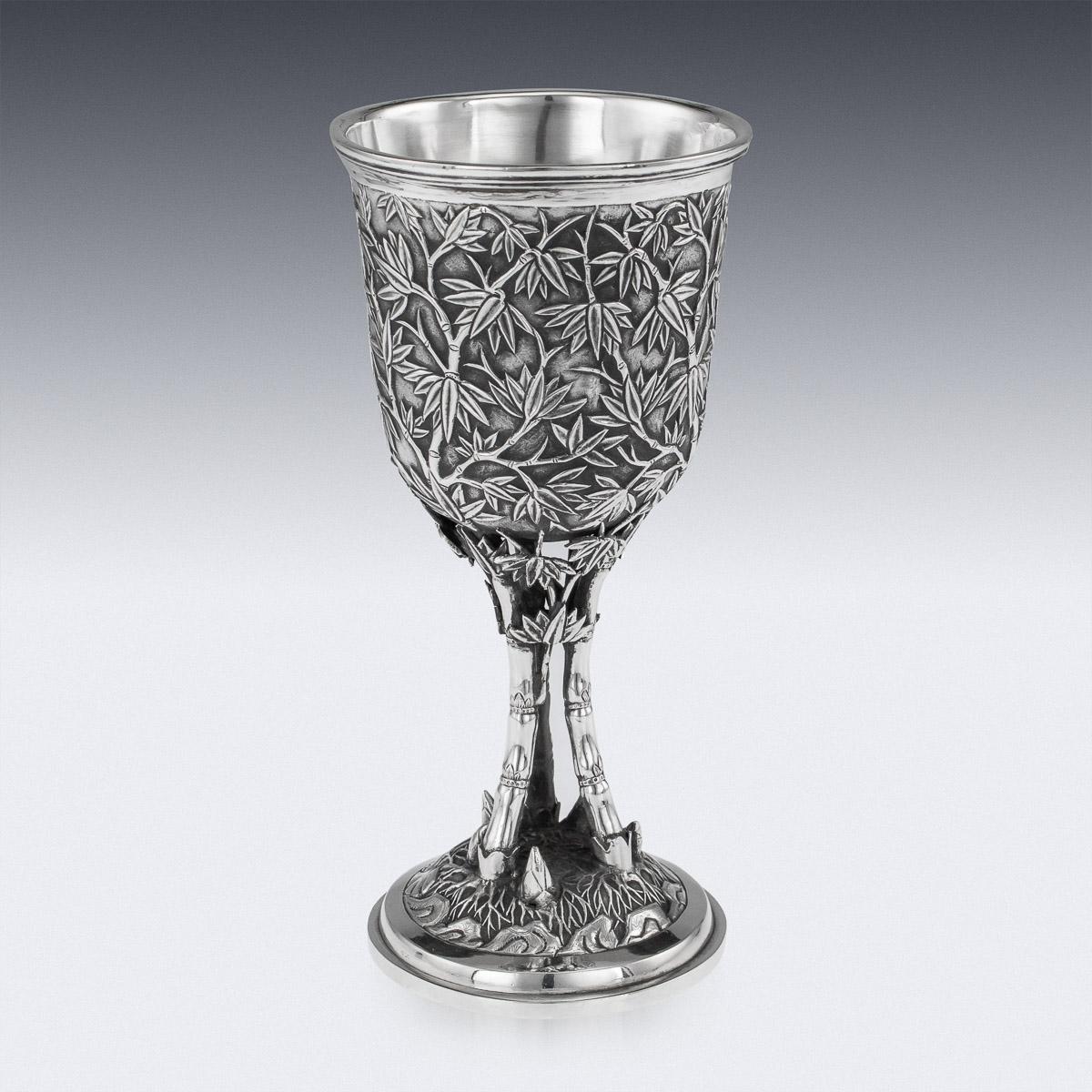 Antique 19th Century Chinese export solid silver wine goblet, impressive and exceptionally fine quality, double walled, fully chased and embossed with a dense bamboo leaves, standing on domed foot and three realistically modelled bamboo shaped