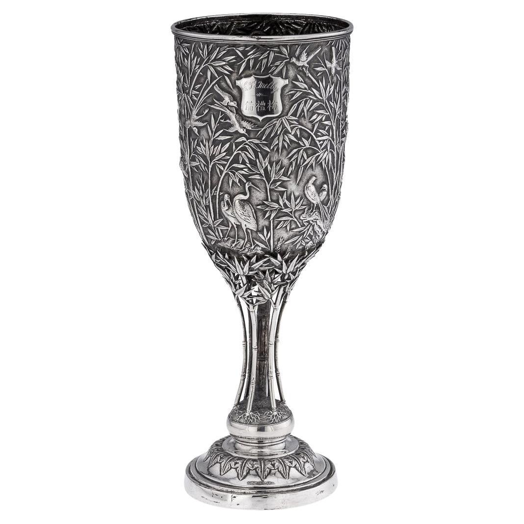 19th Century Chinese Export Solid Silver Goblet, Leeching, c.1870 For Sale