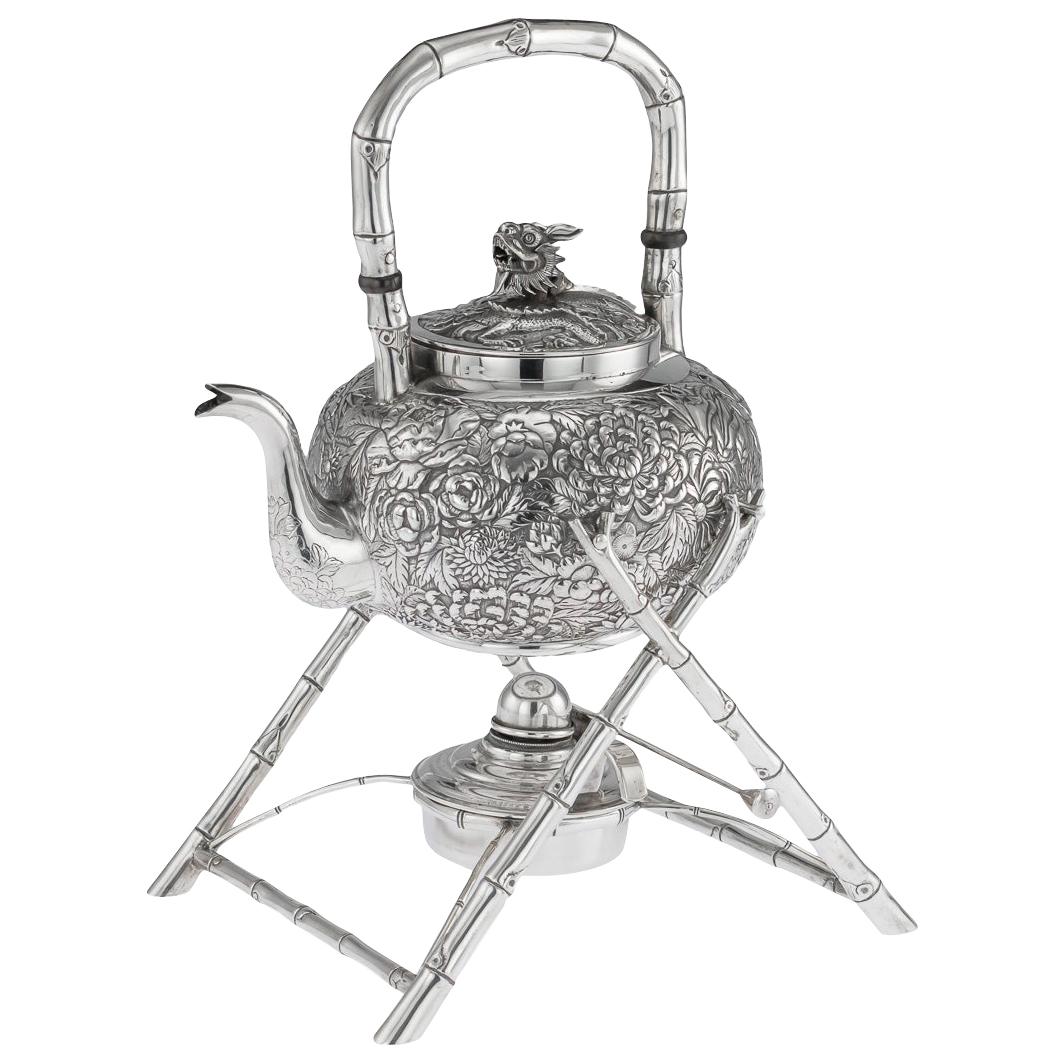 19th Century Chinese Export Solid Silver Kettle On Stand, Wang Hing, circa 1890