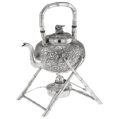 Antique 19th Century Chinese Export Solid Silver Kettle On Stand, Wang Hing, circa 1890