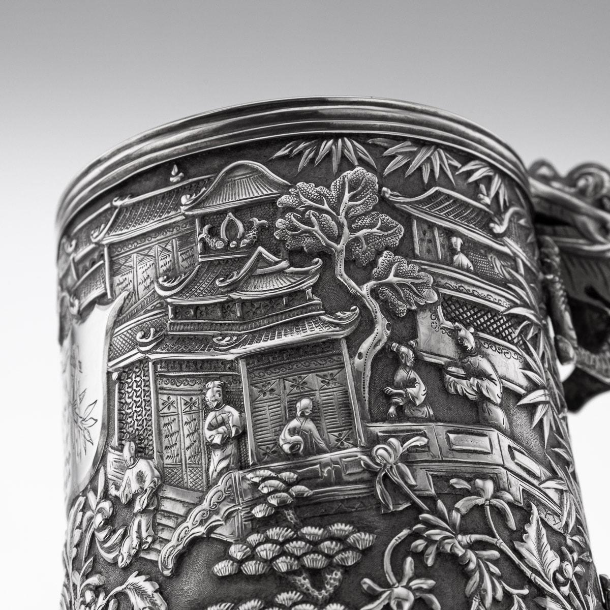 19th Century Chinese Export Solid Silver Nobility Scene Mug, Leeching, c 1870 9