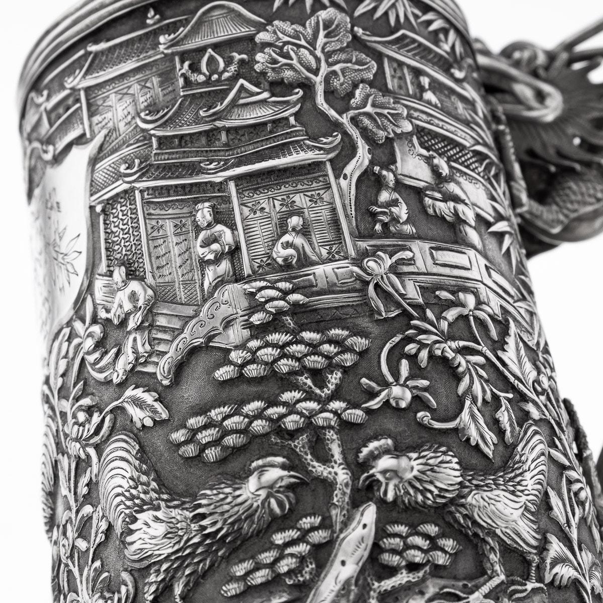 19th Century Chinese Export Solid Silver Nobility Scene Mug, Leeching, c 1870 10