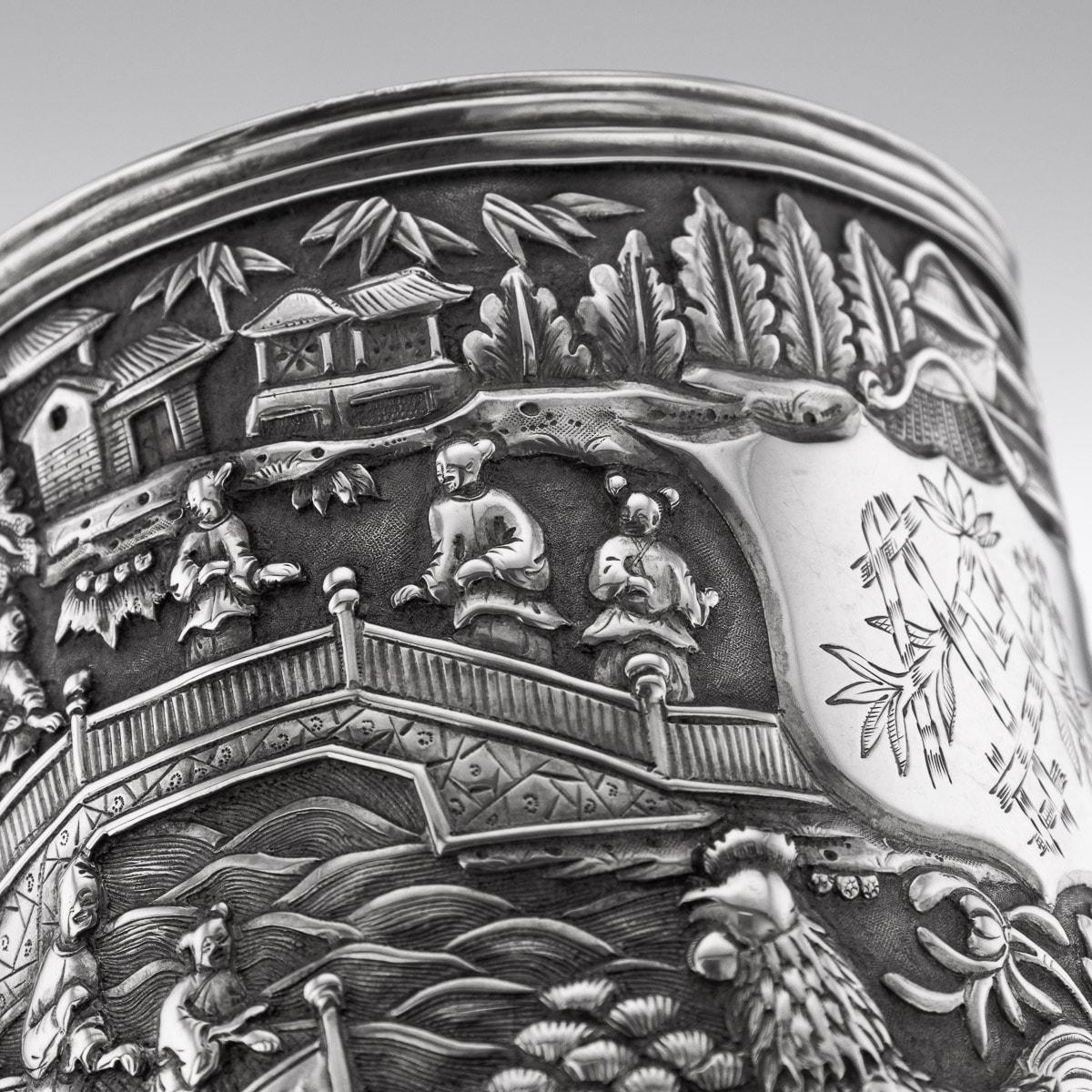 19th Century Chinese Export Solid Silver Nobility Scene Mug, Leeching, c 1870 12