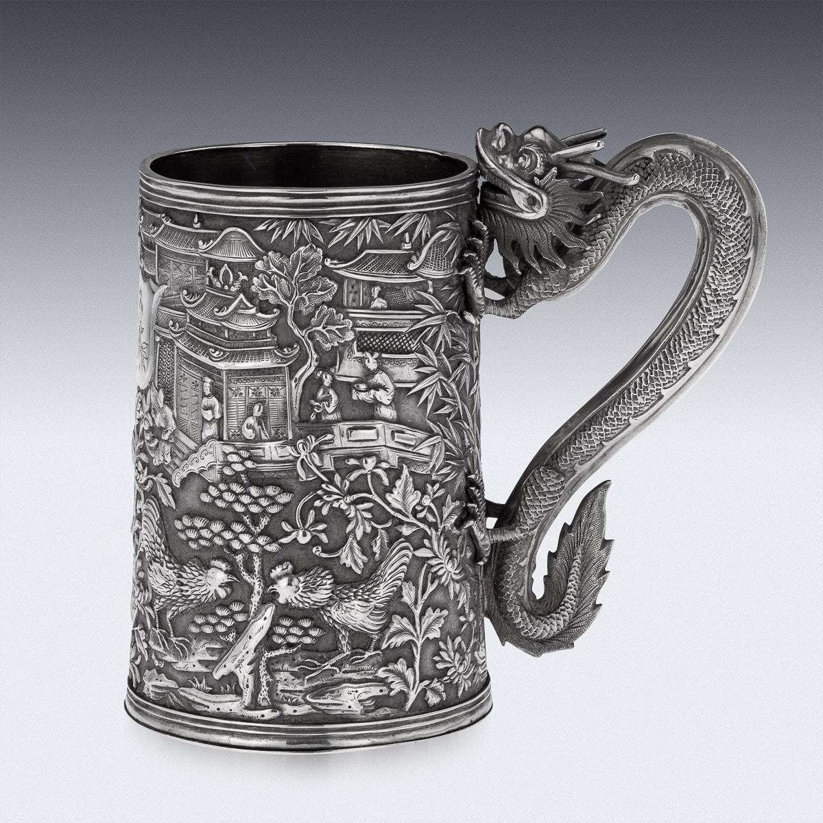 19th Century Chinese Export Solid Silver Nobility Scene Mug, Leeching, c 1870 In Good Condition In Royal Tunbridge Wells, Kent