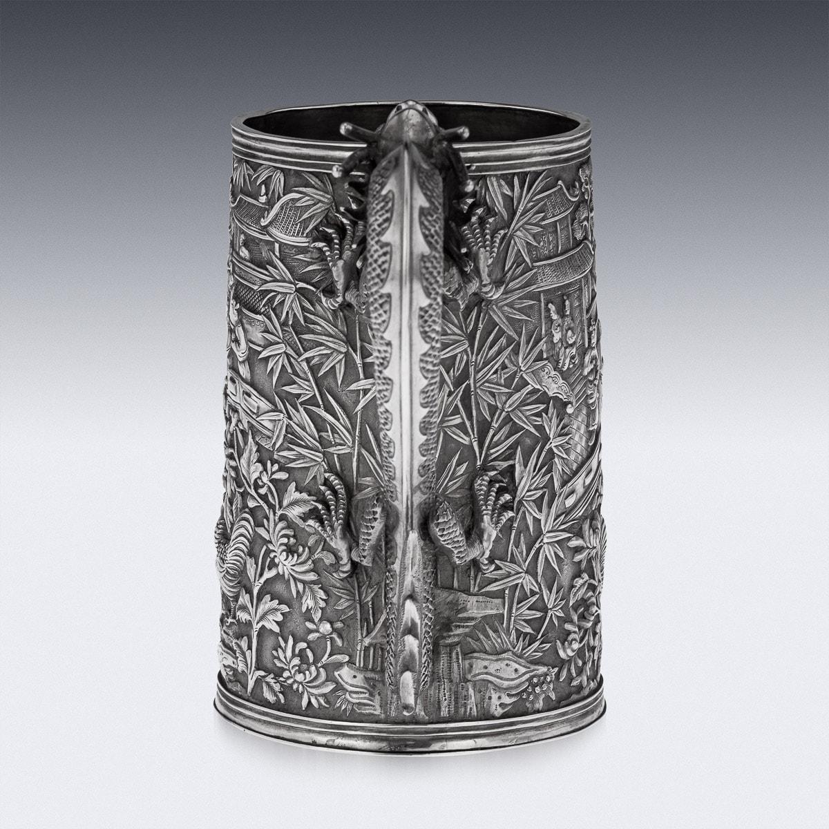 19th Century Chinese Export Solid Silver Nobility Scene Mug, Leeching, c 1870 1