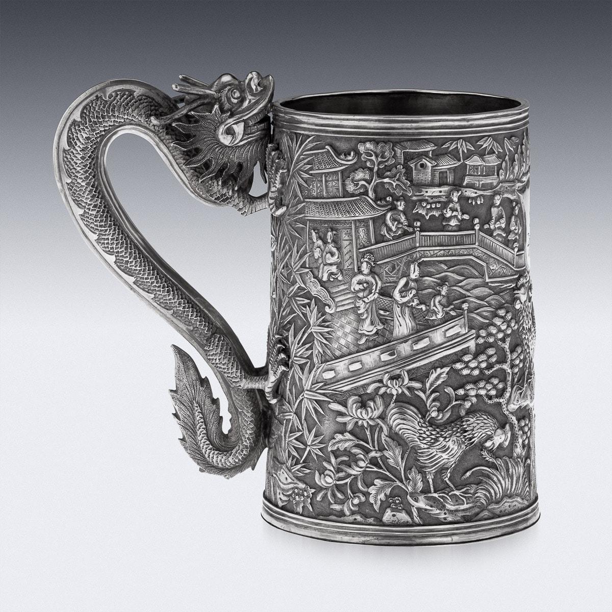 19th Century Chinese Export Solid Silver Nobility Scene Mug, Leeching, c 1870 2