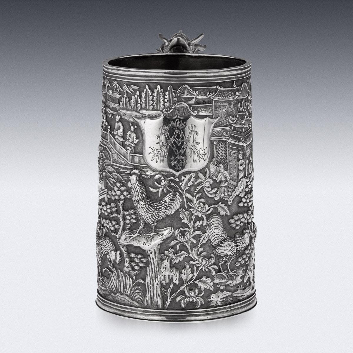 19th Century Chinese Export Solid Silver Nobility Scene Mug, Leeching, c 1870 3