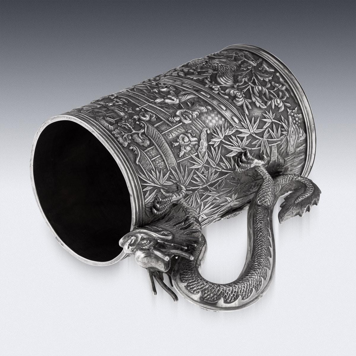 19th Century Chinese Export Solid Silver Nobility Scene Mug, Leeching, c 1870 5