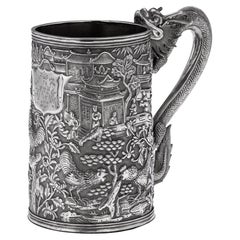 Antique 19th Century Chinese Export Solid Silver Nobility Scene Mug, Leeching, c 1870