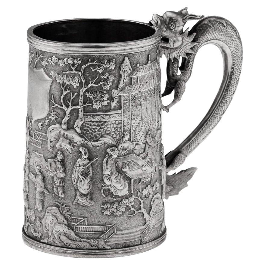 19th Century Chinese Export Solid Silver Nobility Scenes Mug, Sun Shing c.1870