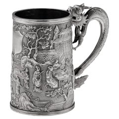 Antique 19th Century Chinese Export Solid Silver Nobility Scenes Mug, Sun Shing c.1870