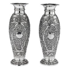 19th Century Chinese Export Solid Silver Pair of Vases, circa 1890